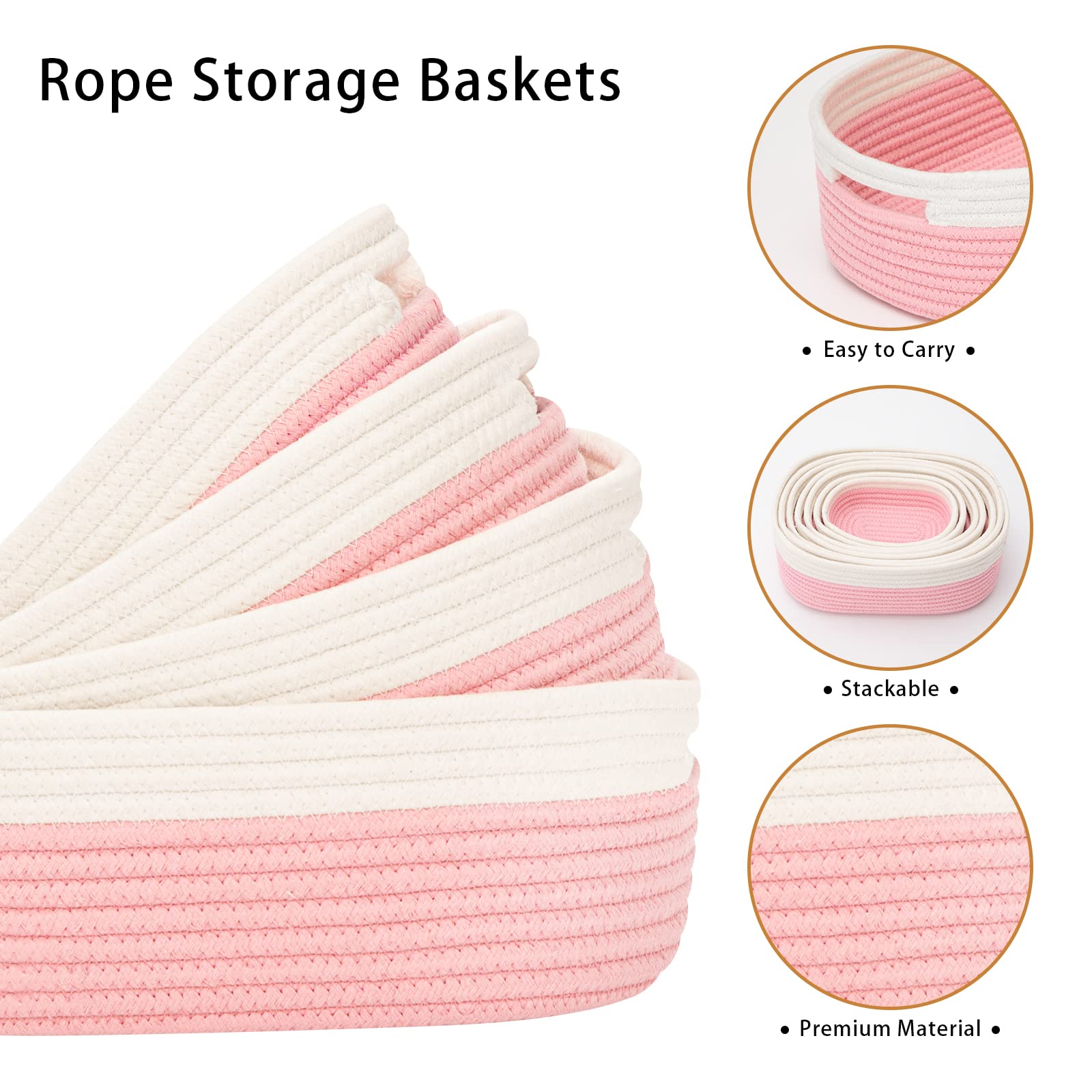 HLWDFLZ 7 Piece Cotton Rope Woven Basket Set - Small Basket for Baby Nursery, Pets, Montessori, Dog & Cat Toy Boxes, Bathroom Organization Bins (White/Pink)