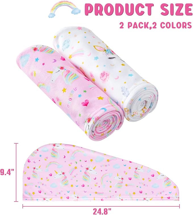 2 Pack Kids Microfiber Hair Drying Towel Wrap - Unicorn Hair Drying Turban for Girls & Women - Rapid Drying