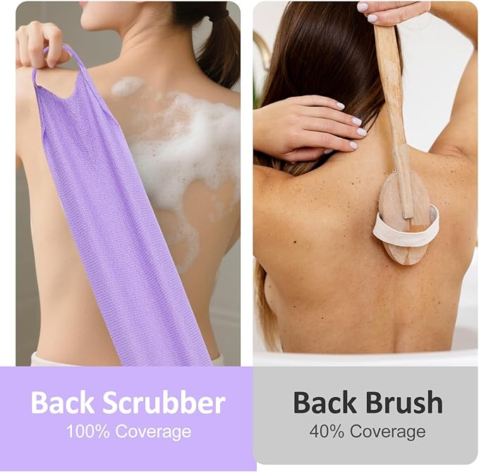 DOPENSPI 4PCS Exfoliating Back Scrubber with Handles, Nylon Double-Sided Exfoliator Extended Length Stretchable Body Exfoliating Washcloth Pull Strap Back Washer for Women Men(B)