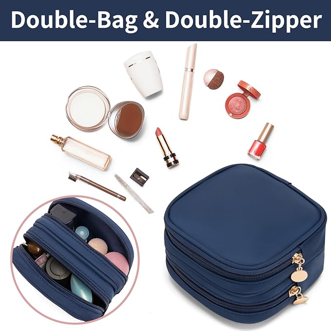 XIAOLER Small Makeup Pouch, Double Zipper Cosmetic Bag, Travel Makeup Bag, Cute Makeup Bag for Purse, Mini Toiletry Bag (Sapphire)