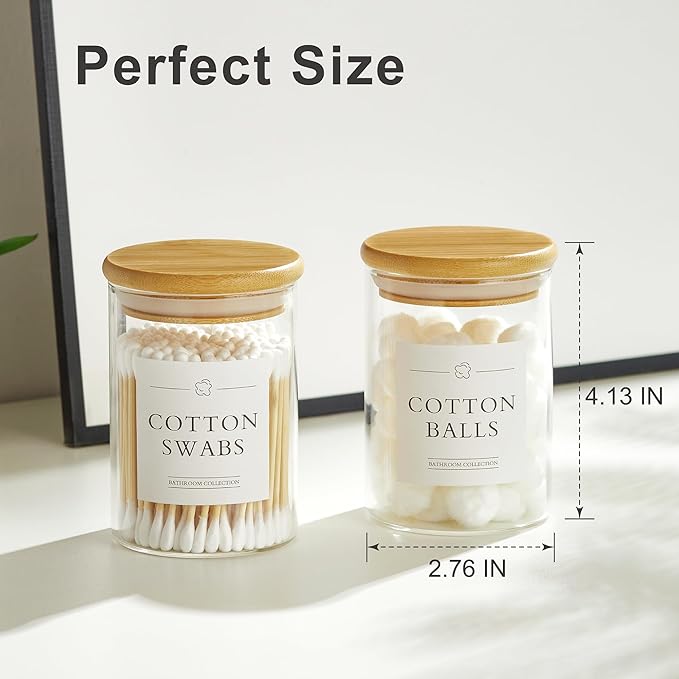 INIUNIK 4 Pack Qtip Holder Dispenser - Glass Apothecary Jars with Lids, Cotton Ball Pad Swab Round Holder, Bamboo Bathroom Accessories, Bathroom Organizers Containers Jars Canisters with Lids
