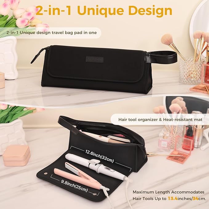 Hair Tools Travel Bag and Heat Resistant Mat, 2 in 1 Portable Organizer Hair Travel Case for Curling Iron, Hair Straightener, Flat Irons, PU Hangable Handle, Neoprene (Elegant Black)