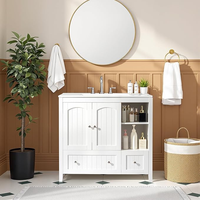 VINGLI 36" Modern Bathroom Vanity with Ceramic Sink, White Bathroom Vanity Cabinet w/2 Stripe Doors & 2 Drawers, Bathroom Sink Cabinet Combo, Floor Storage Cupboard w/Open Shelf for Bathroom