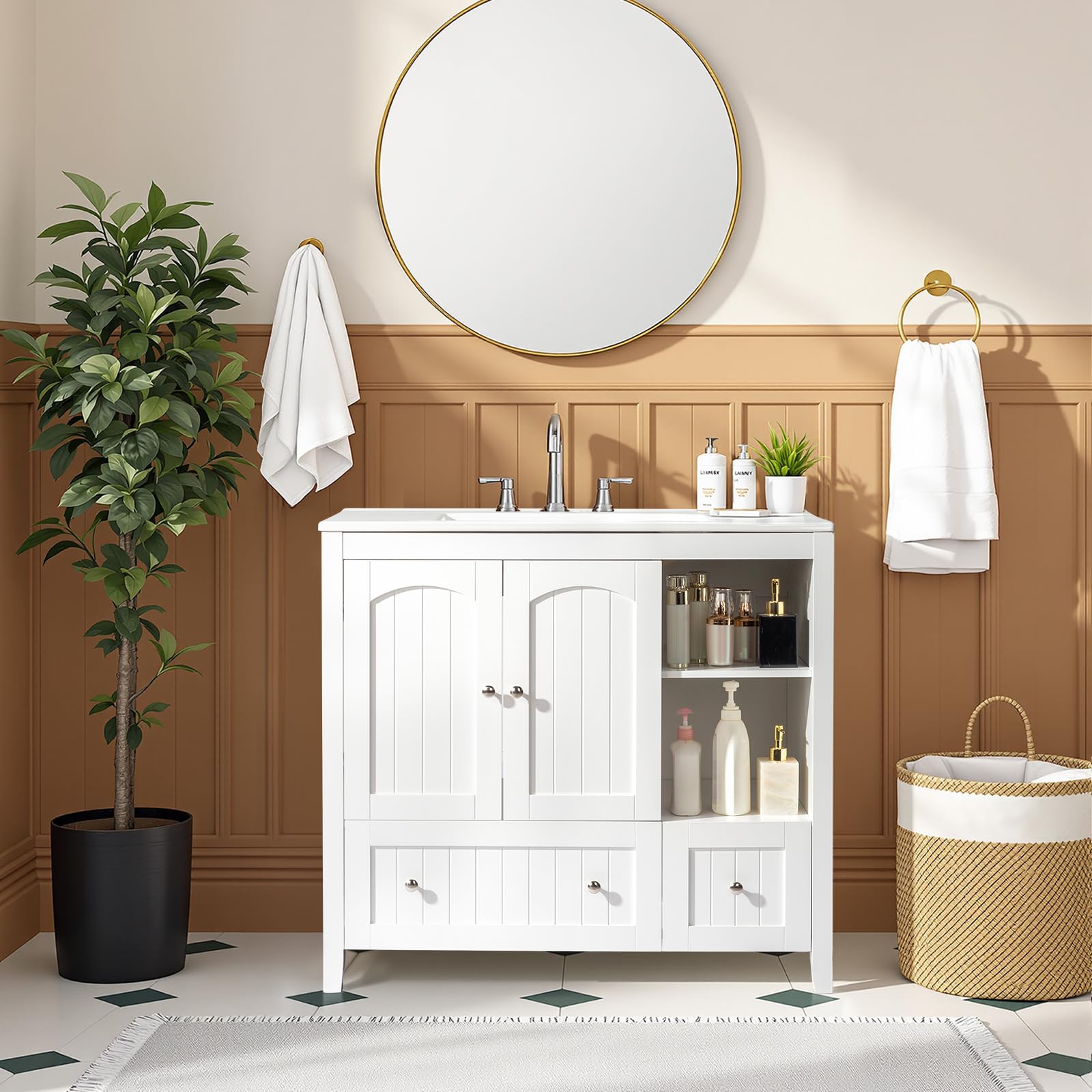 VINGLI 36" Modern Bathroom Vanity with Ceramic Sink, White Bathroom Vanity Cabinet w/2 Stripe Doors & 2 Drawers, Bathroom Sink Cabinet Combo, Floor Storage Cupboard w/Open Shelf for Bathroom