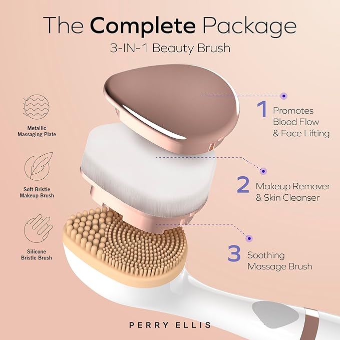 Perry Ellis 3-in-1 Silicone Face Wash Brush with Makeup Applicator & Metallic Massage Plate, Electric Vibrating Facial Cleanser, IPX6 Water-Resistant Skin Care Tool with Stand