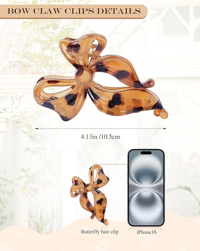 4 PCS Bow Hair Clips Bow Claw Clip for Women, Large Hair Claw Clips for Thin Thick Hair (Leopard(Deep coffee+light yellow+orange+light gray))