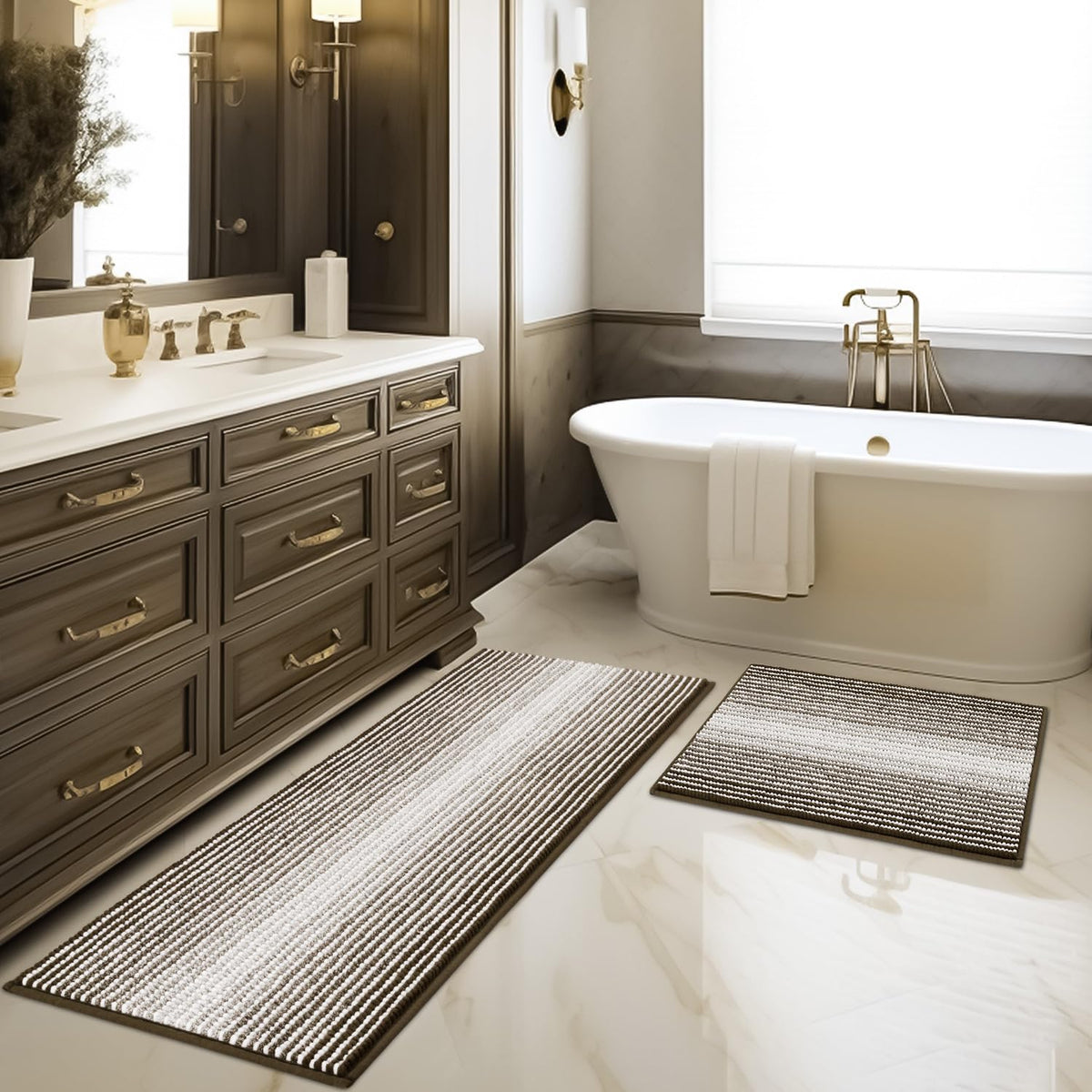 BSICPRO Bathroom Rugs Sets 2 Piece, Non Slip Striped Bath Mats, Navy