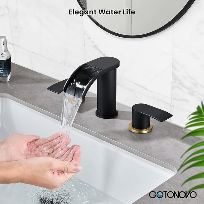 gotonovo Waterfall 8 inch Widespread Bathroom Faucet Set Bathroom Sink Faucet 3 Hole 2 Handle Vanity Lavatory Deck Mount with Pop Up Drain and Water Supply Lines Round Body Matte Black & Brushed Gold