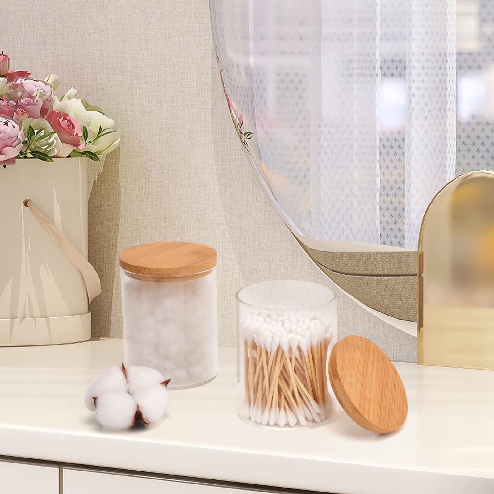 BKYFPQ 2 Pack Glass Qtip Holder Dispenser Set - Apothecary Jars with Lids - Vanity Makeup Organizer and Bathroom Canister Storage Organizer for Cotton Ball, Swab, Round Pads,Floss