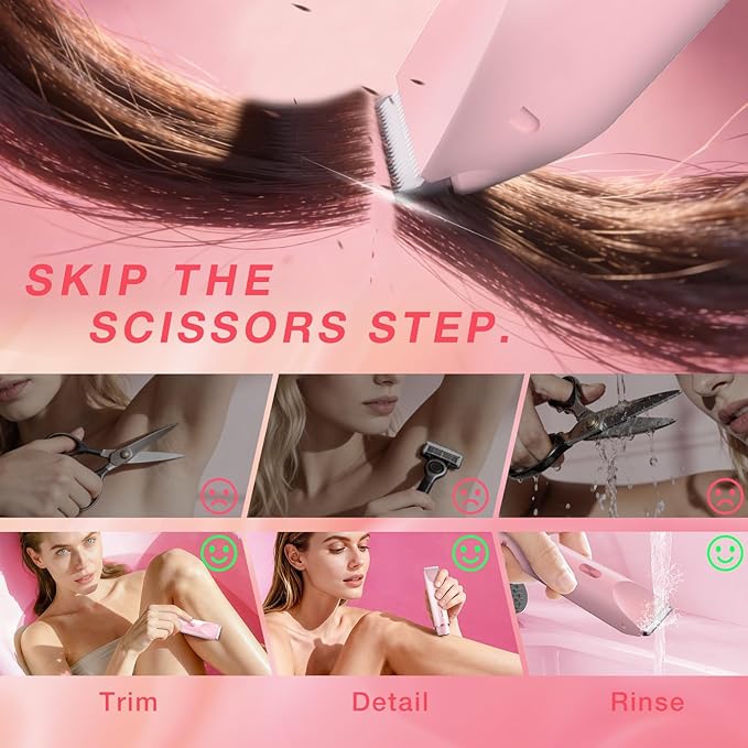 Bikini Trimmer Electric Razors for Women, Personal Shaver for Pubic Hair, Bikini Line, Legs, Underarms & Face, USB-C Rechargeable, Gentle on Sensitive Skin, Rinsable, Gift, Petal Pink