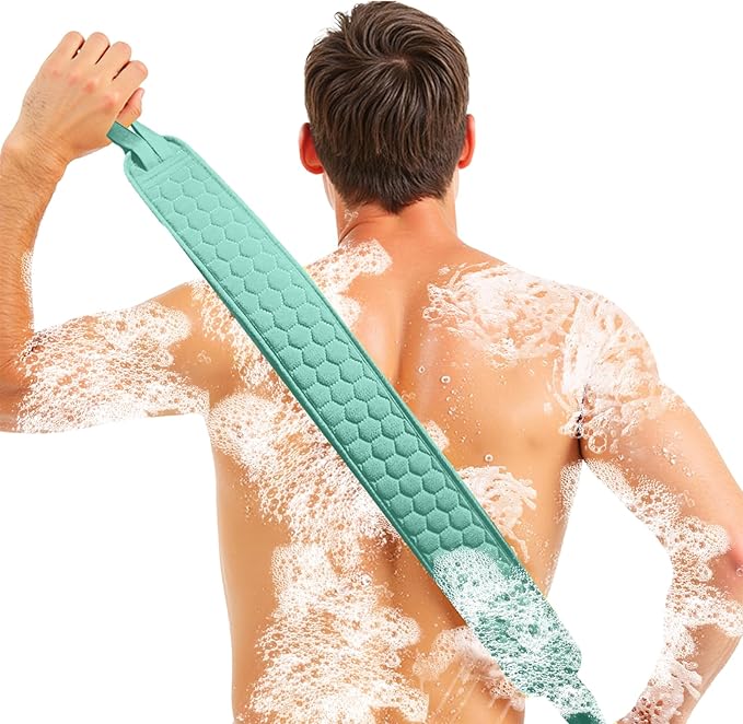XNXA Back Scrubber for Shower with Handles, 40 Inch Extra Long Double-Sided Exfoliating Bath Strap, Textured Body Washer with Extended Reach for Deep Cleaning (Green)