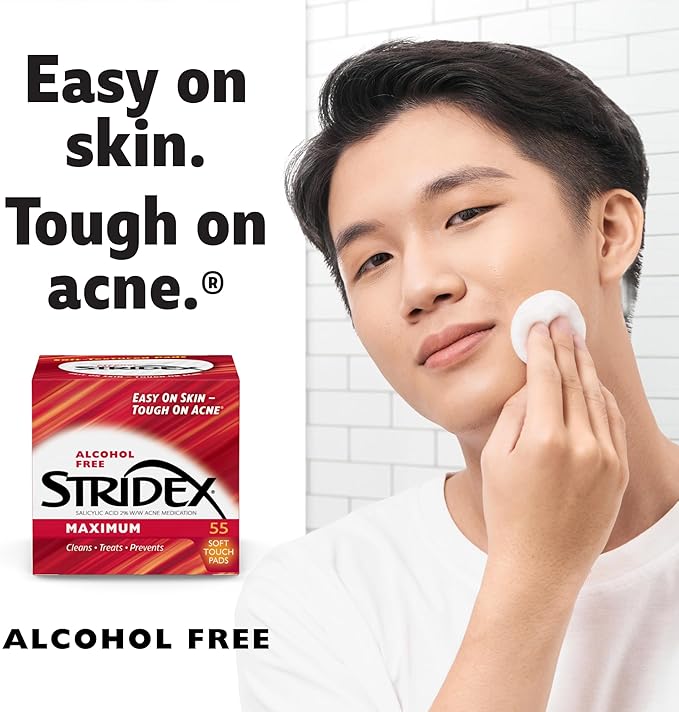 Stridex Medicated Acne Pads, Maximum – Facial Cleansing Wipes, Alcohol Free, Acne's Treatment for Face, For Moderate Acne, Smooth Application, 55 Count (Pack of 2)