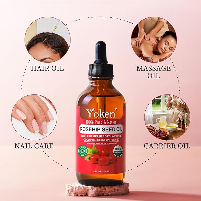 Yoken Cold Pressed Organic Rosehip Seed Oil for Face, Hair & Body, 4 fl oz