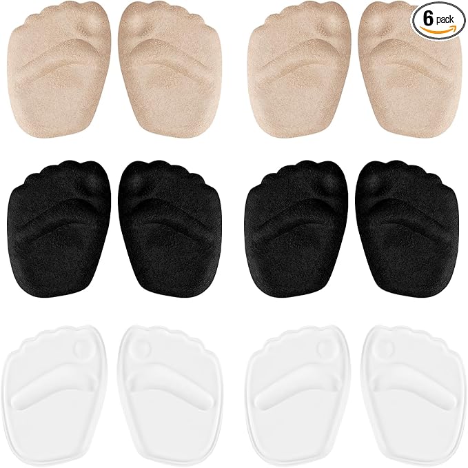 6 Pairs Metatarsal Pads for Women, Forefoot Cushion Inserts for Women Shoes, Non-Sliding Insole Pads for Open Toe Shoes, Ball of Foot Cushions, Shoe Filler, Reduce Foot Slip