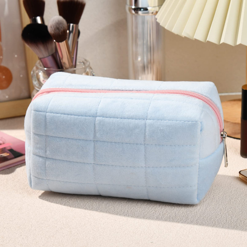 SOIDRAM Makeup Bag Plush Cosmetic Bag Cute Aesthetic Makeup Bag Blue Makeup Pouch Travel Toiletry Bag Organizer Soft Makeup Brushes Accessories Storage Bag for Women