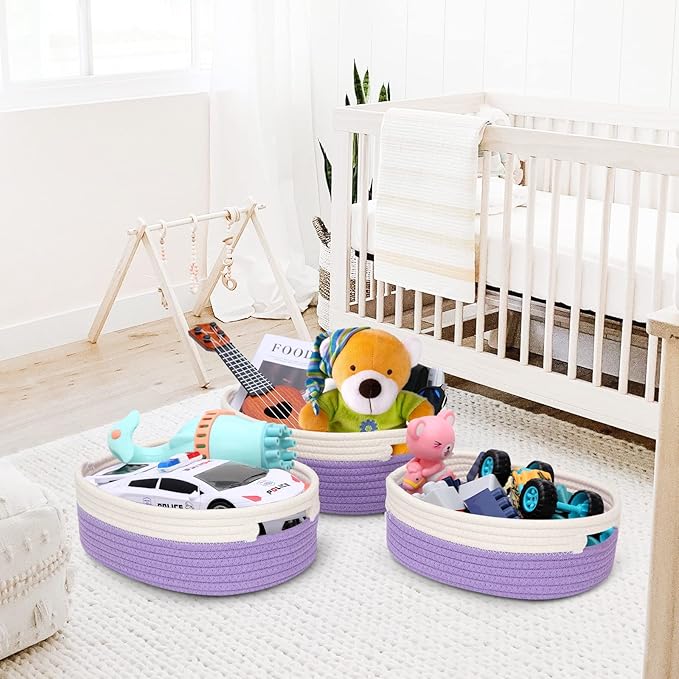 HLWDFLZ 7 Piece Cotton Rope Woven Basket Set - Small Basket for Baby Nursery, Pets, Montessori, Dog & Cat Toy Boxes, Bathroom Organization Bins (White/Purple)