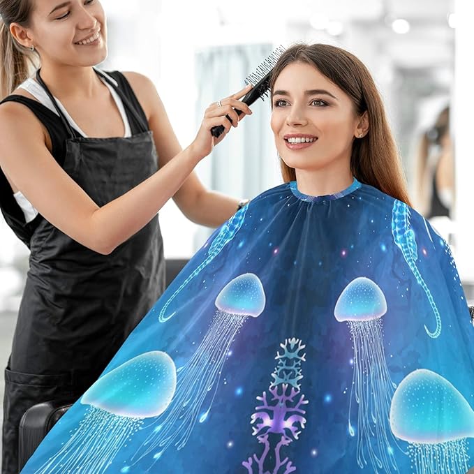 visesunny Barber Cape Magic Glowing Blue Jellyfish Polyester Hair Cutting Salon Cape Apron Anti-Static Haircut Shaving Cloth Beard Shaving Bib Hairdressing Cape