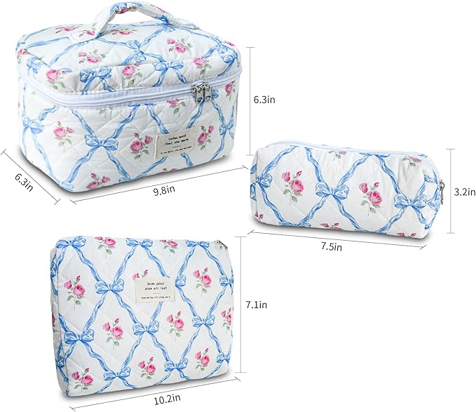GISMTR 3Pcs Cotton Quilted Makeup Bag Large Travel Cosmetic Bag Coquette Makeup Pouch Cute Aesthetic Floral Toiletry Bag for Women Girls (flower-Q)