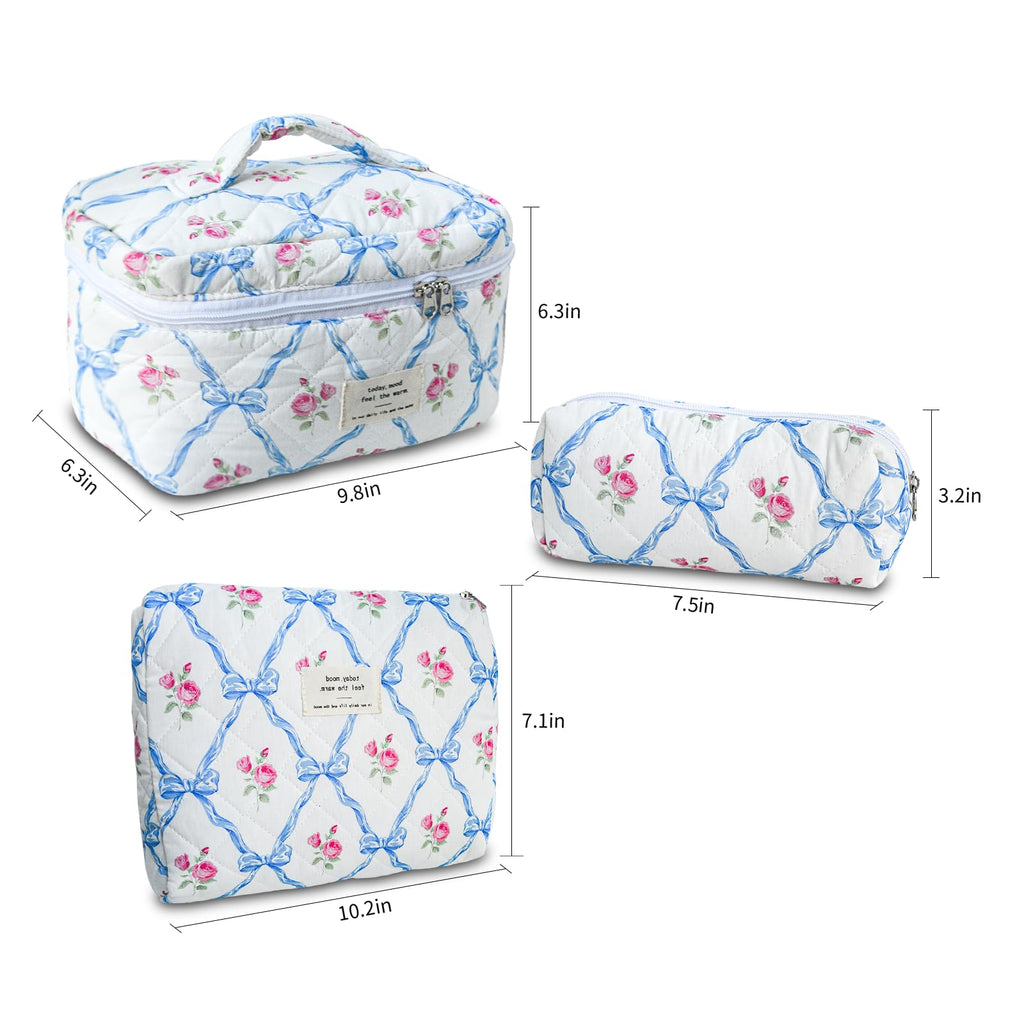 GISMTR 3Pcs Cotton Quilted Makeup Bag Large Travel Cosmetic Bag Coquette Makeup Pouch Cute Aesthetic Floral Toiletry Bag for Women Girls (flower-Q)