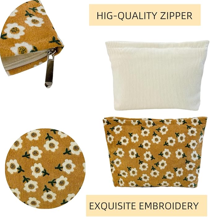 RIKMOXR 2 makeup bags Women's floral lamp core velvet canvas makeup bag, travel makeup bag, wallet storage, khaki and cute beige