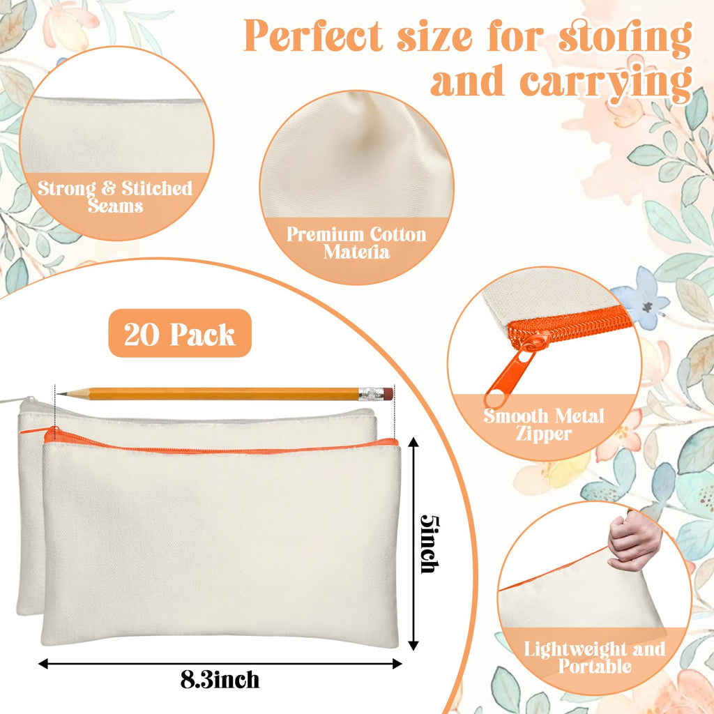 Legigo 20 Pack Blank Canvas Bag Zipper Pouch Makeup Bags Bulk, Color