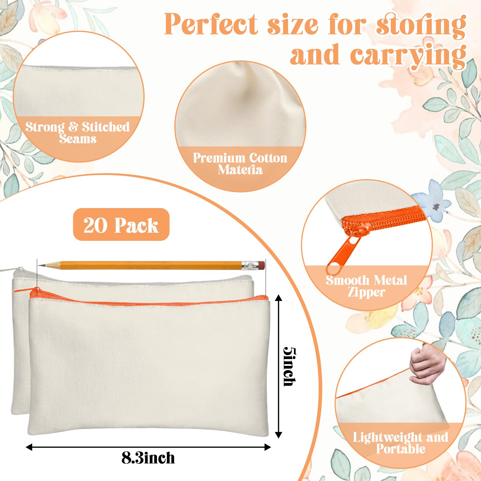 Legigo 20 Pack Blank Canvas Bag Zipper Pouch Makeup Bags Bulk, Color