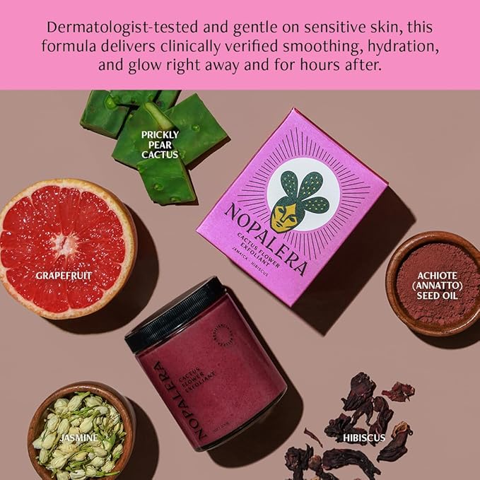 Nopalera Hibiscus Cactus Flower Exfoliant - Exfoliating Face & Body Scrub, 3-in-1 Cleanser, Exfoliator, & Moisturizer, Vegan, Cruelty-Free, Natural Floral Scent, Dye Free, 6 oz.