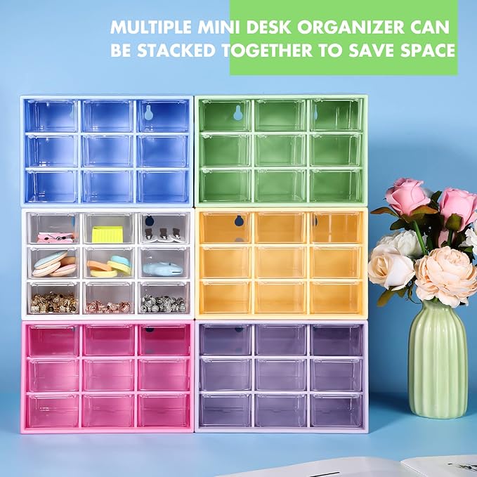 Amyhill 6 Pcs Mini Drawer Organizer Small Organizer with 9 Drawers Plastic Desktop Craft Storage Box for Office Home Room Jewelry Cosmetics Collection(Rose Red)