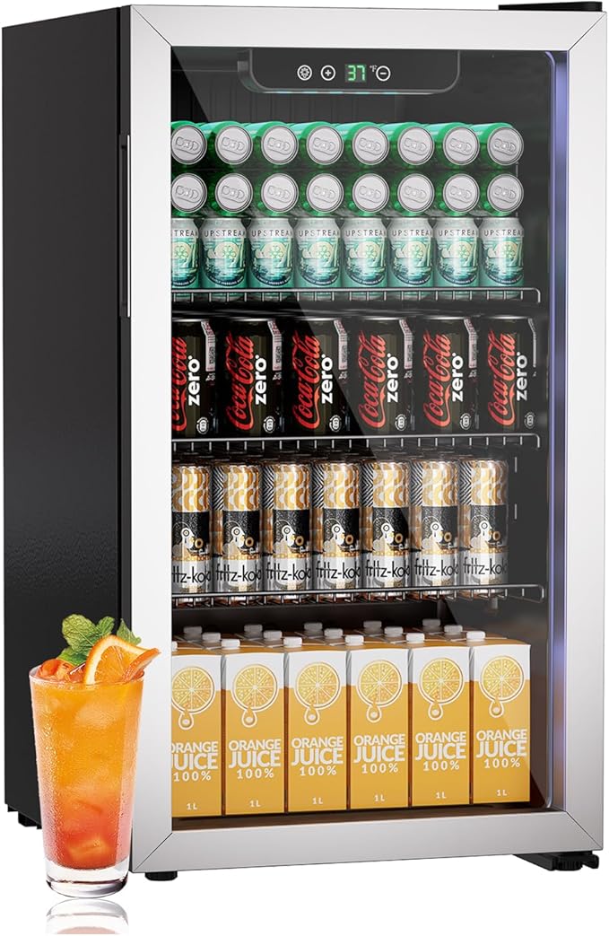 Erivess 3.1 Cubic Feet Mini Fridge,110 Can Freestanding Beverage Refrigerator with Glass Front Door for Soda, Beer Under Counter Small Refrigerator with Adjustable Shelves and Digital Display(Silver)
