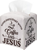 Coffee Bar Tissue Box Cover Square, Good Days Start with Coffee and Jesus Waterproof Leather Tissue Box Holder, Farmhouse Paper Facial Tissue Box Covers Cube for Office Home Cafe Station