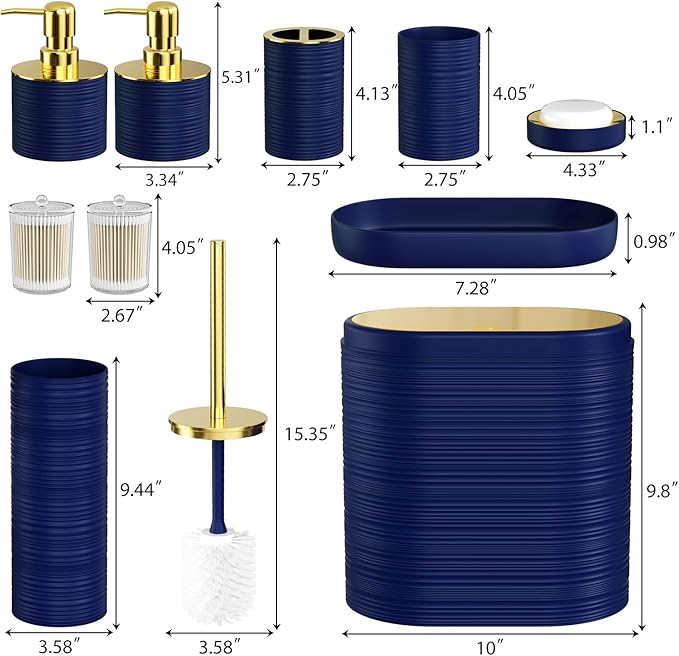 InnJoey Bathroom Set, 10PC Bathroom Accessory Set, Blue Bathroom Accessories, Navy Blue and Gold Bathroom Set with Trash Can, Soap Dispensers