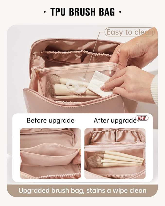 EACHY Travel Makeup Bag,Large Capacity Cosmetic Bags for Women,Waterproof Portable Pouch Open Flat Toiletry Bag Make up Organizer with Divider and Handle, Gifts for Women (Pink, Medium)