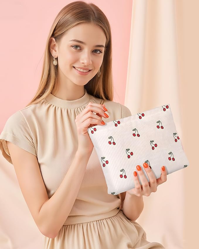 Ksriylm Cute Red Cherry Makeup Pouch for Women Small Make Up Beige Cherries Pattern Bag for Purse Zipper Initial Makeup Cosmetic Bags Pouches for Purse Aesthetic Travel Toiletry Bags