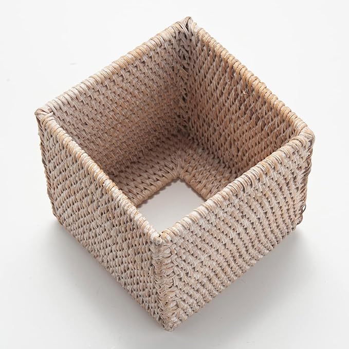 Rattan Tissue Box Cover Square, Wicker Tissue Box Holder, Decorative Woven Facial Tissue Holder for Bathroom, Kitchen, Living Room, Bedroom (Whitewash)