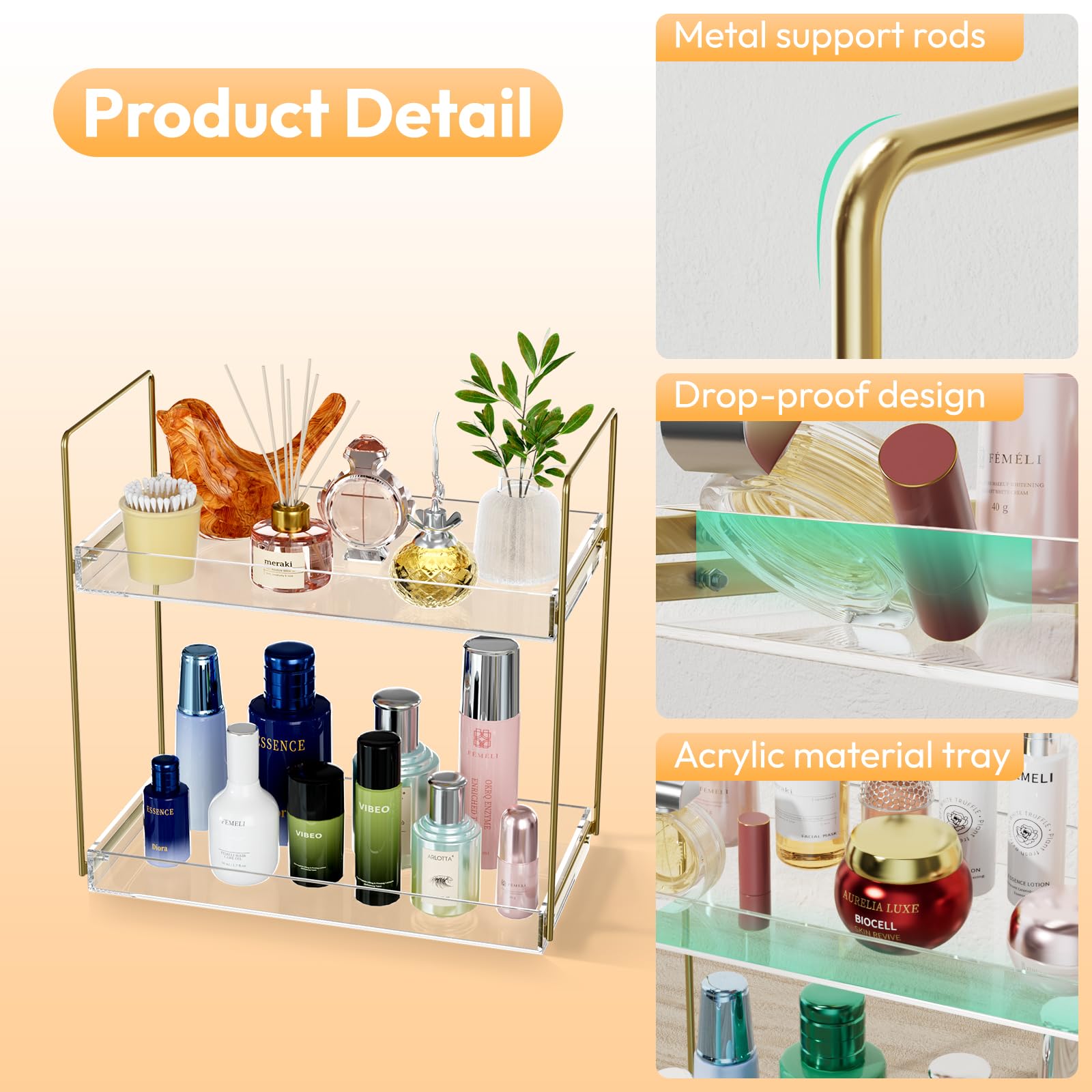 Bathroom Countertop Organizer, 2 Tier Acrylic Tray Vanity Counter Skincare Organizer Shelf, Kitchen Under Sink Standing Rack, Home Storage Holder for Lotion Makeup Cosmetics Perfume Spice, Gold