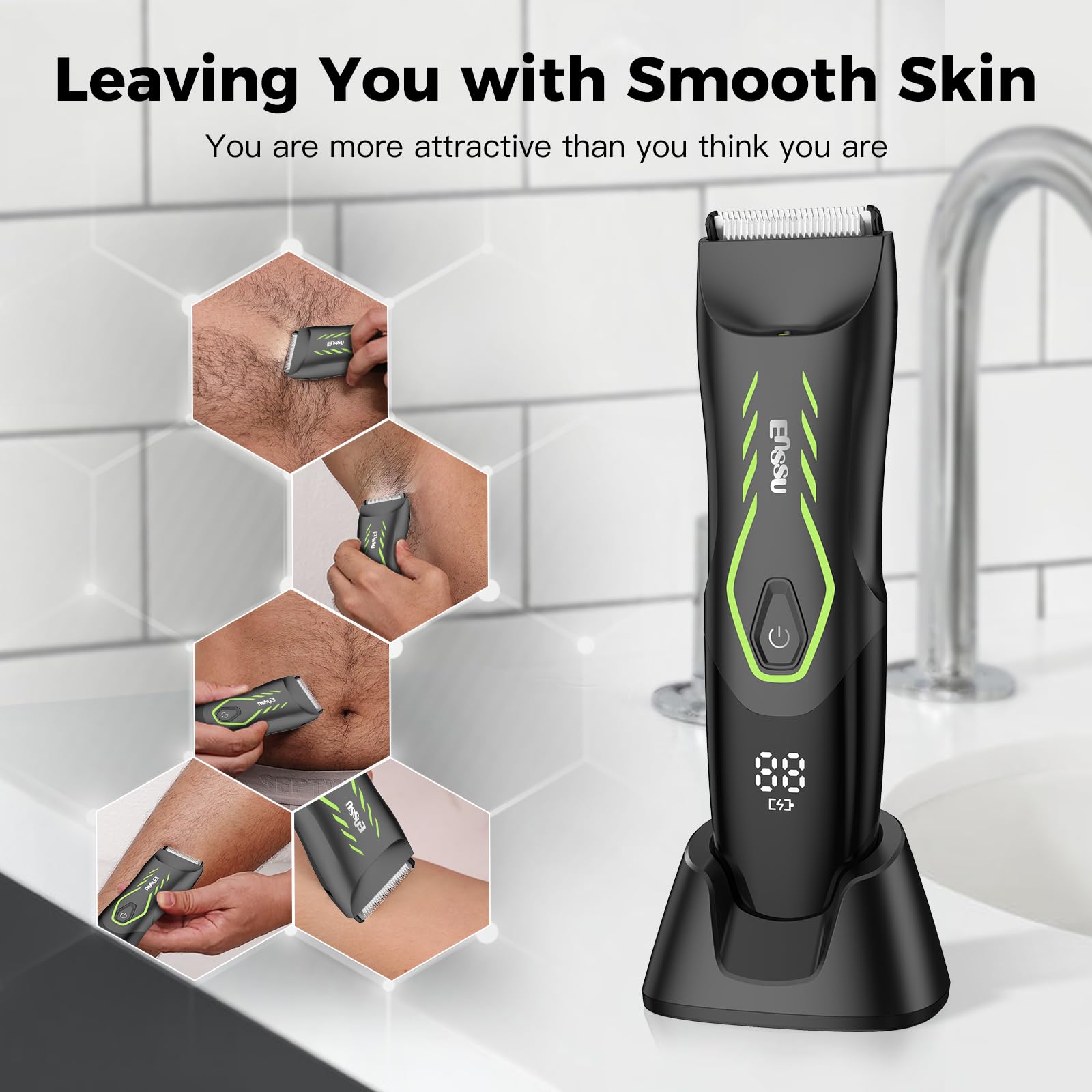 ENSSU Manscape Body Hair Trimmer for Men, Pubic Groin Hair Trimmer for Men with Safe Blade, Cordless Ball Shaver w/Light, Charging Dock, Waterproof Body Groomer Man, LED Display, 1H Charge,Green