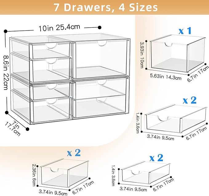Stackable Storage Drawers, Acrylic Organizers,7 Drawers