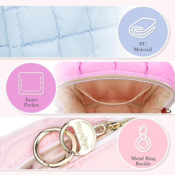 Playexen 4.9" Puffy Small Makeup Bag, Cute Quilted Cosmetic Bag for Purse, Mini Travel Toiletry Organize Pouches for Women, Birthday/Wedding/Christmas Gifts (Blue)