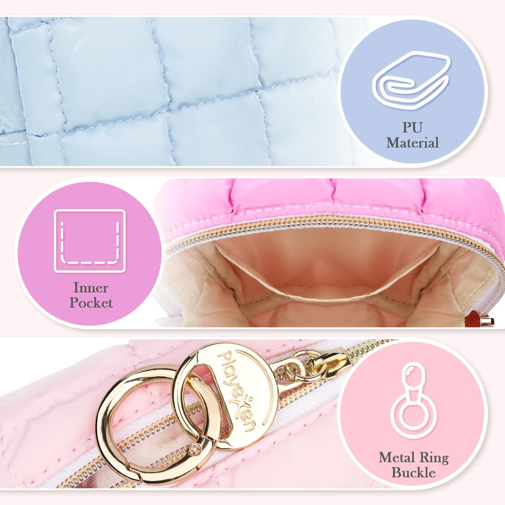 Playexen 4.9" Puffy Small Makeup Bag, Cute Quilted Cosmetic Bag for Purse, Mini Travel Toiletry Organize Pouches for Women, Birthday/Wedding/Christmas Gifts (Blue)