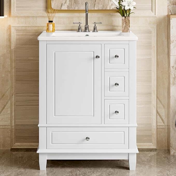 24" Bathroom Vanity with Sink, Harper & Bright Designs Free Standing Single Vanity Set with 3 Drawers and One Door with Storage Racks, Solid Wood Storage Cabinet with Ceramic Basin for Bathroom, White