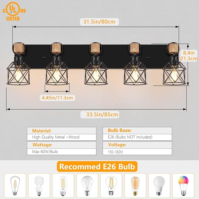 FadimiKoo 5-Light Black Bathroom Light Fixtures, Vanity Lighting Fixtures
