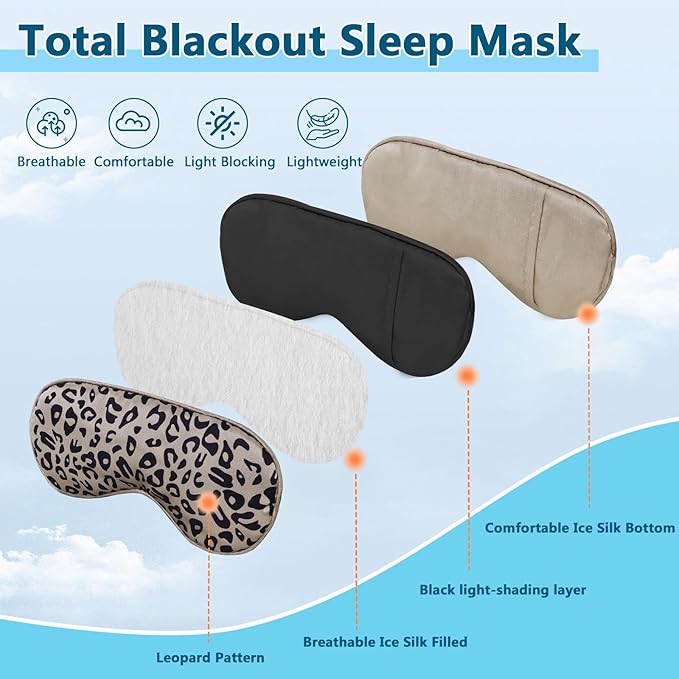 Cavoilu Sleep mask w/Cooling Gel Eye Mask, Heated Eye Mask for Sleeping, Reusable Ice Silk Stain Eye Cover Sleeping Mask for Travel, Home, Office, Yoga, Total Blackout, Stocking Stuffers (Leopard)