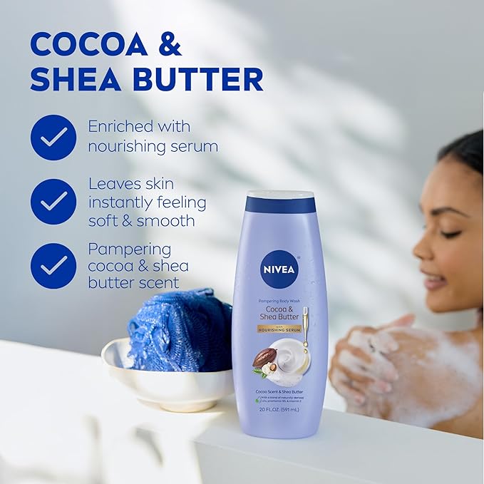 NIVEA Pampering Cocoa and Shea Butter Body Wash with Nourishing Serum, Moisturizing Body Wash for Women, Enriched with Provitamin B5 and Vitamin E, 20 Fl Oz Bottle