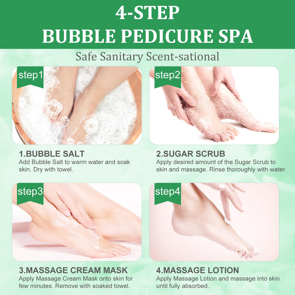 nbc BeautiLab Pedicure Kit Foot Soak Set: Bubble Salt, Sugar Scrub, Massage Mask, Massage Lotion in a Box, 4 Step Foot Spa Kit for Dry Feet,Tired Feet（3 Set Eucalyptus)