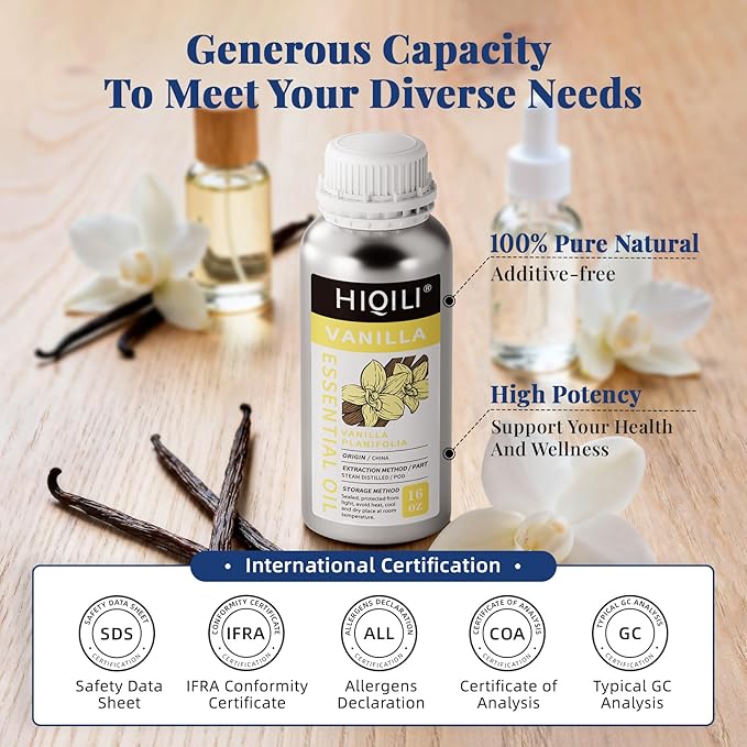 HIQILI Vanilla Essential Oil Bulk, Strong Scent for Candle Soap Making