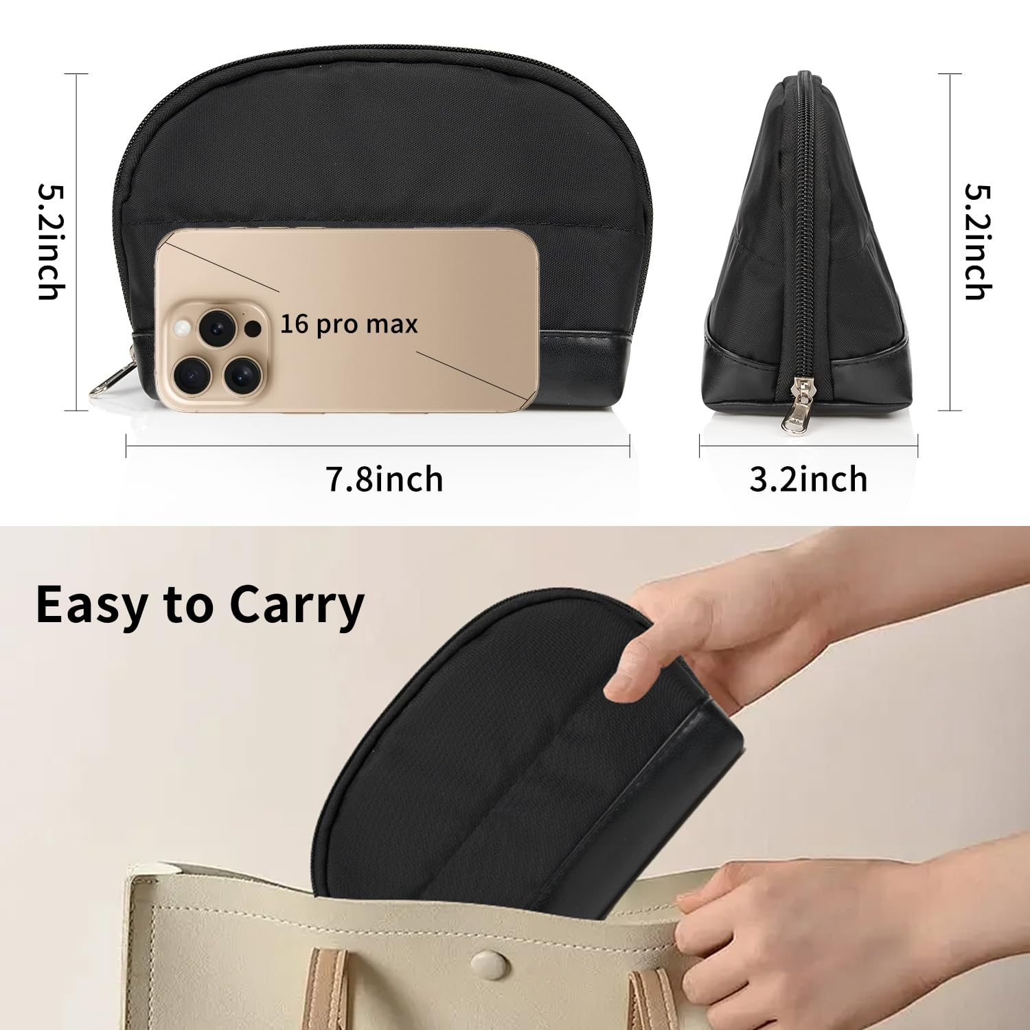 Ethereal Small Makeup bag for Purse, Cute Cosmetic Bag Portable Mini Makeup Pouch for Women Black