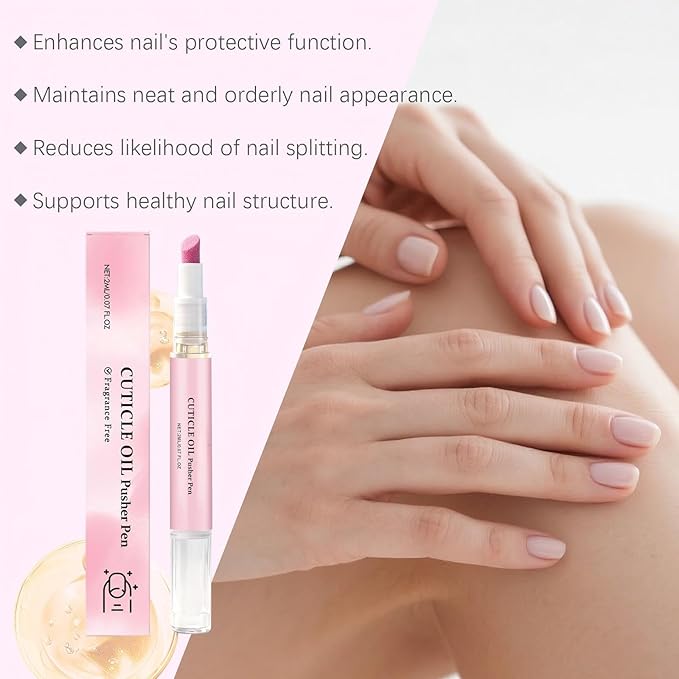 Rhostry Ceramic Cuticle Pusher & Nail Oil Pen, 2-in-1 Nail Care Tool for Sensitive or Damaged Nails, Gentle Hangnail Remover, Portable Nail Pen with Stainless Steel Cuticle Cleaner (Pink)