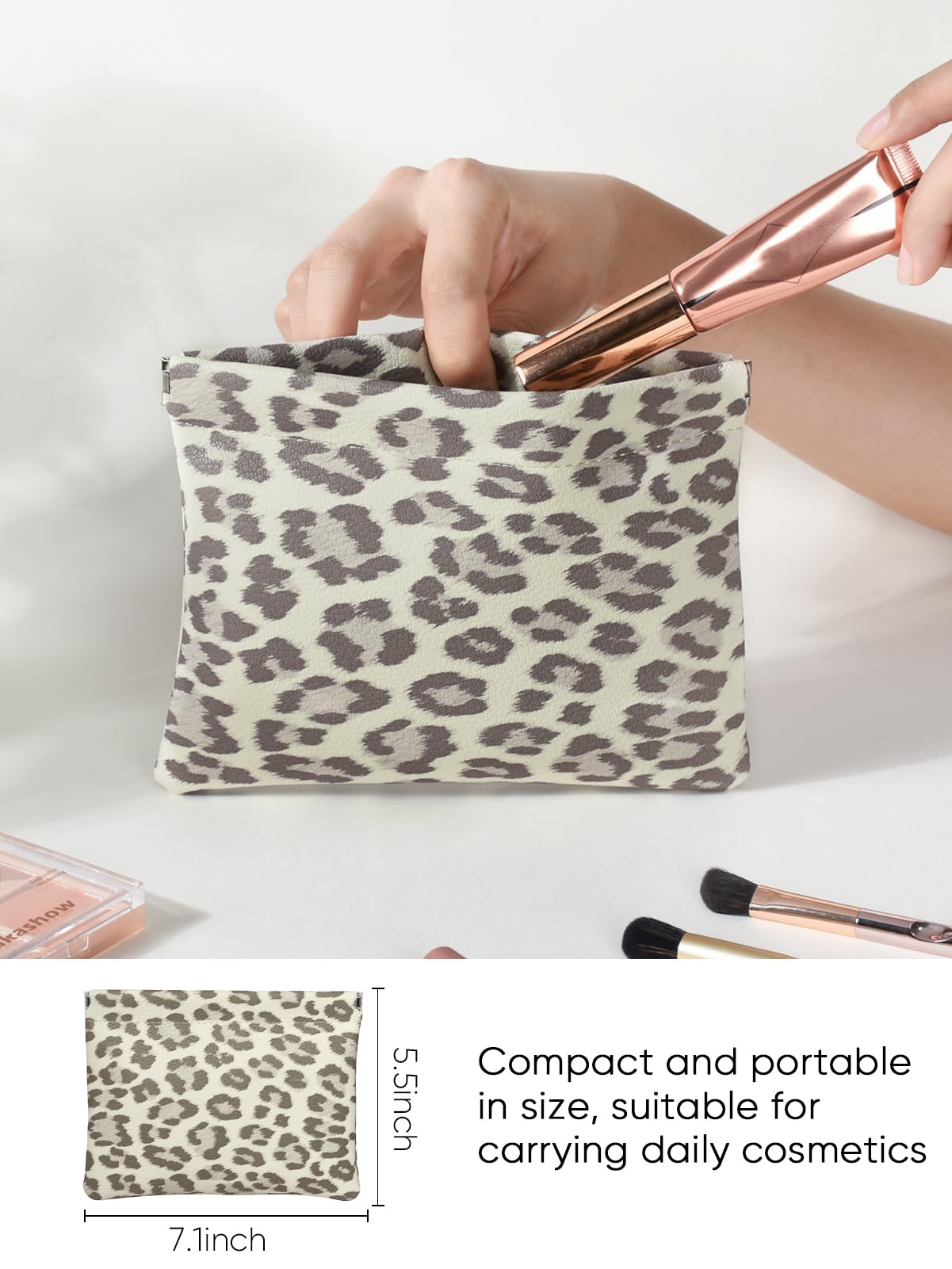 Ksriylm Leopard Leather Small Makeup Pouch for Women,Cosmetic Accessories,Waterproof and Portable Cosmetic Bag,Self-closing, No Zipper, Aesthetic Storage Pouch,Lipstick for Purse,Beige Brown