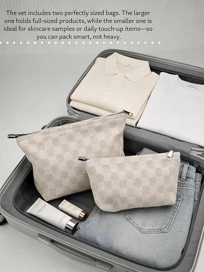 RIKMOXR 2-Pack Beige Checkered Makeup Bag Set - Large Capacity Cosmetic Organizer Pouch | Travel Toiletry Bag for Women Girls