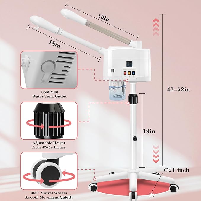 Facial Steamer, 2 in 1 Face Steamer with Cold & Hot Mist, Professional Facial Steamer with Timer Function, Stand Face Steamer Adjustable Height for Spa, Salon and at Home use